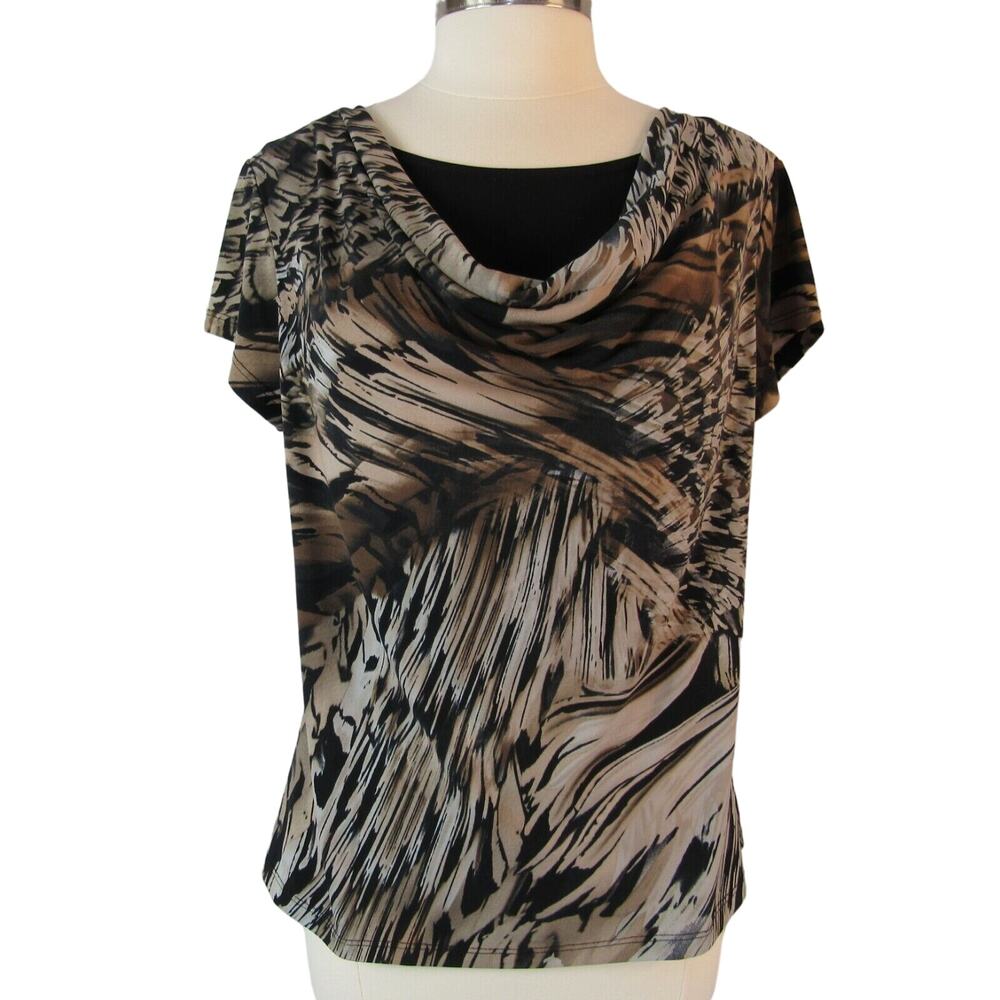 Slinky Blouse Cowl Neck Short Sleeves Size Large Geometric Motif Clear Sky